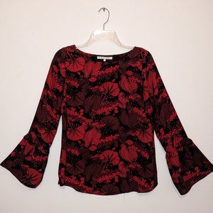 Red/black floral bell sleeve blouse